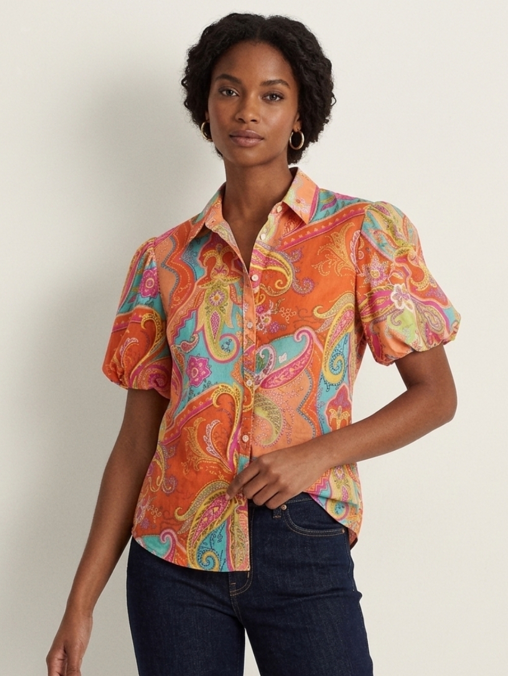 Lauren Ralph Lauren Multicolor Cotton Paisley Puff Sleeve Blouse Size XL